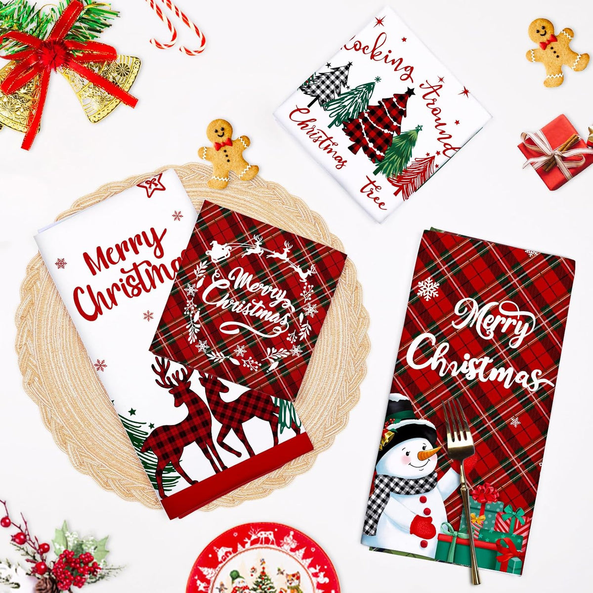 Arquiel 4 Pcs Snowman Kitchen Towel 100% Cotton Winter Absorbent Dish Towel 70 x 48 cm Housewarming Christmas Tree Decorative Hand Towel for Dining Home