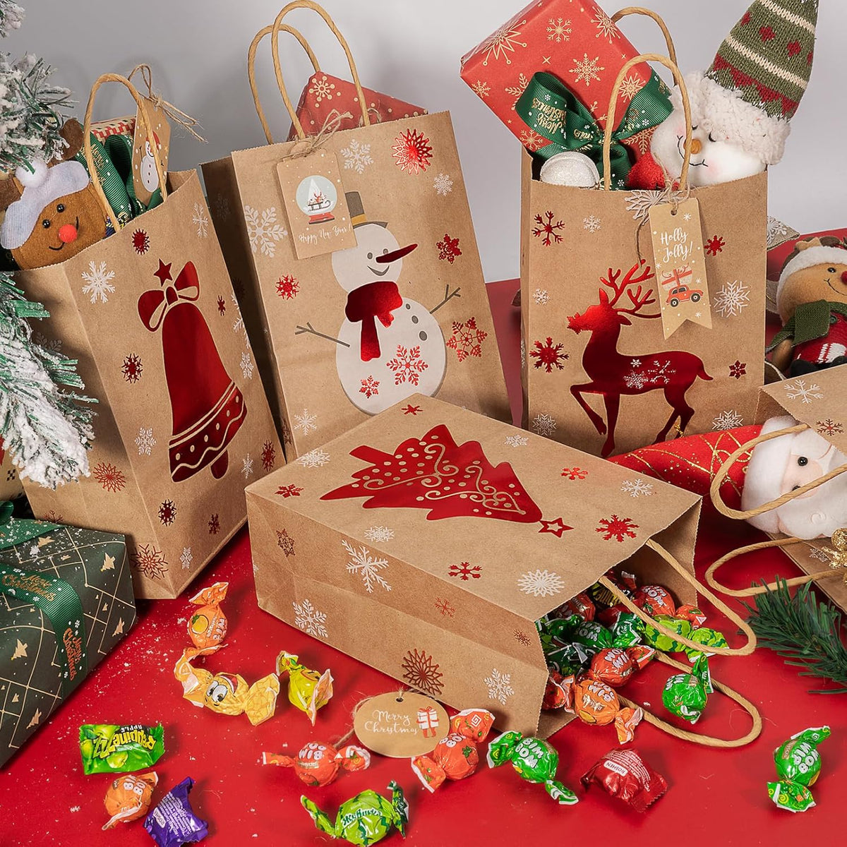 Christmas Kraft Gift Bags 12Pcs Small Xmas Wrapping Bags, Goody Gift Wrap Treat Candy Paper Packing with Handle & Red Foiling Design-Elk Santa Claus Snowman for Party Favors Present Decor Supplies
