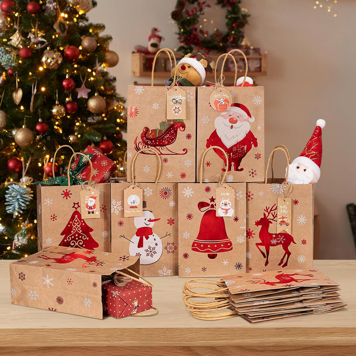 Christmas Kraft Gift Bags 12Pcs Small Xmas Wrapping Bags, Goody Gift Wrap Treat Candy Paper Packing with Handle & Red Foiling Design-Elk Santa Claus Snowman for Party Favors Present Decor Supplies