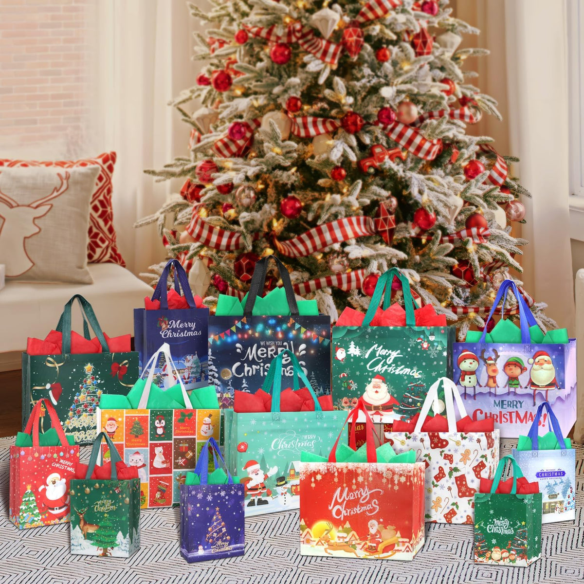 14 Pack Christmas Bags for Gift Assorted Sizes with Tissue Paper, Non-woven 8 Large & 6 Medium Reusable Xmas Party Tote Bag With Handle For Friends Family Kids Present Wrapping,Waterproof