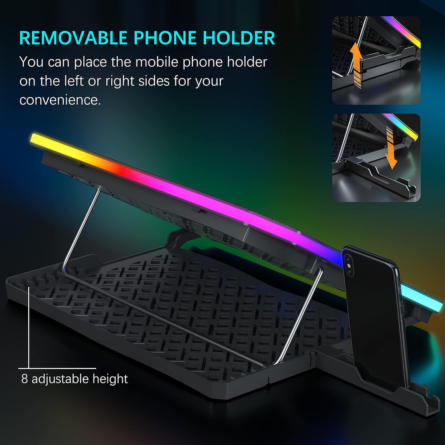 TopMate C12 Laptop Cooling Pad RGB Gaming Notebook Cooler for Desk and Lap Use, Laptop Fan Stand 8 Adjustable Heights with 6 Quiet Fans and Phone Holder, for 15.6-17.3 Inch Laptops -Ice Blue LED Light