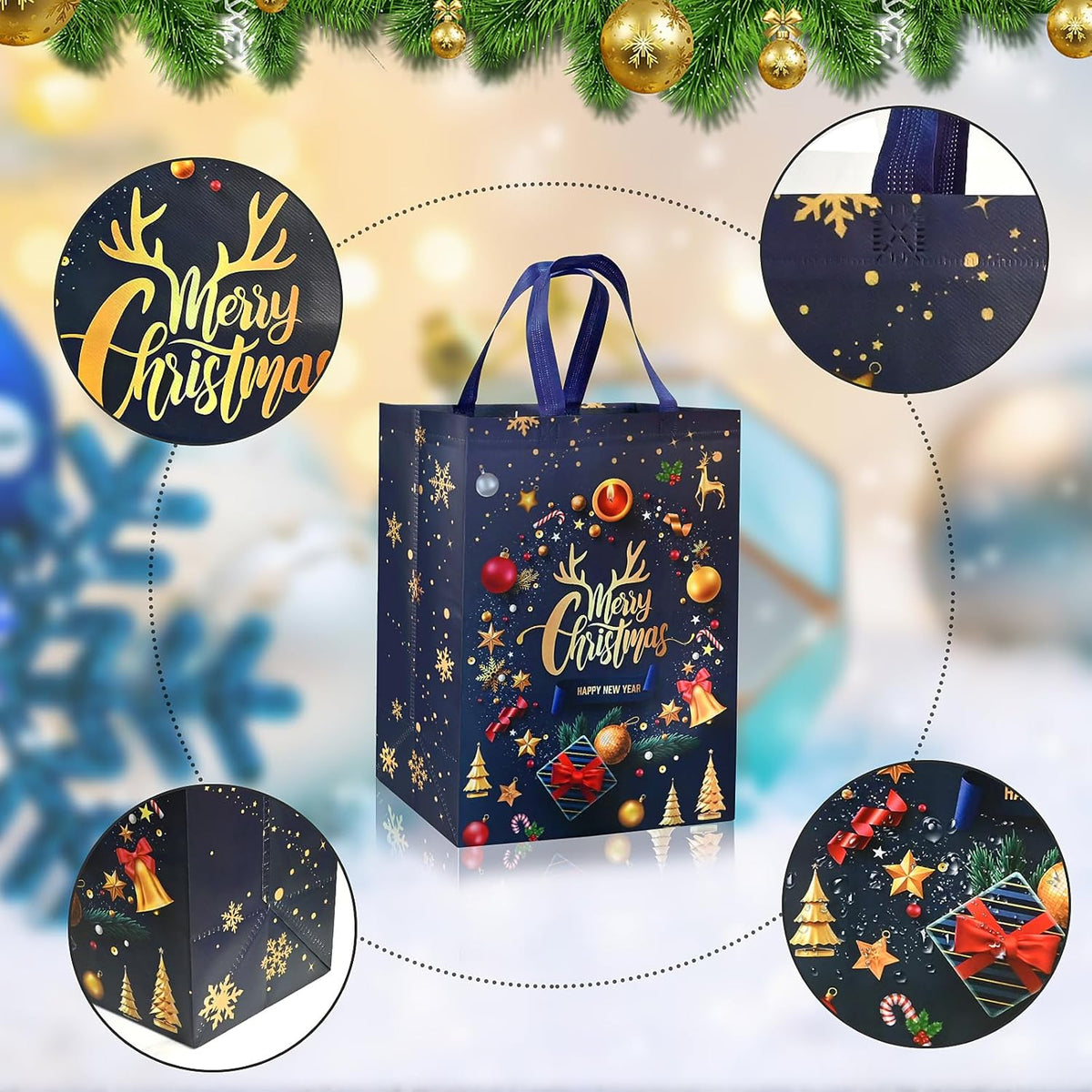 Christmas Tote Bags – 4 Pack Large Reusable Gift Bags with Handles, Black & Gold Non-Woven Fabric Xmas Shopping Bags for Holiday, Party & Present Wrapping