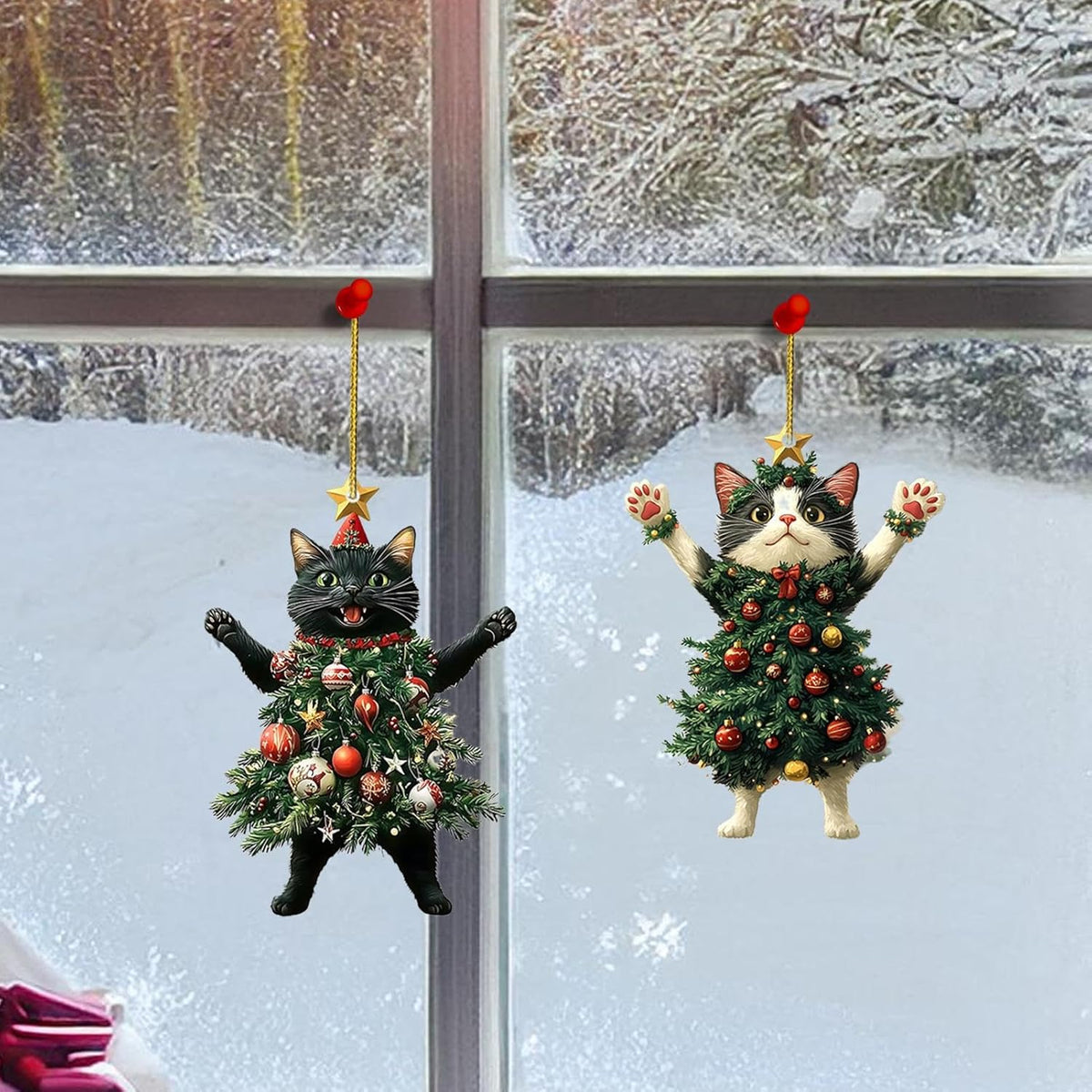 2 Pieces Cat Christmas Ornaments, Acrylic Christmas Ornament, 2D Funny Christmas Cat Decorations, Small Christmas Kitten Charm For Bag, Adorable Cat Dressed As A Christmas Tree For Mantel