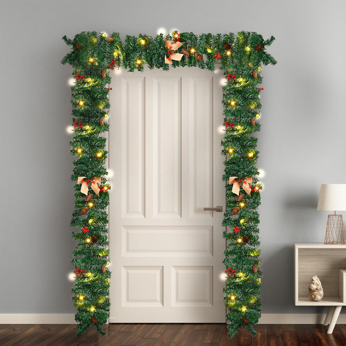 1.8M/6FT Christmas Garland with Lights, Christmas Garlands for Fireplace Stairs Artificial Wreath with 50 LED Lights and Bow Pine Cones Berries for Xmas Tree Front Door Home Holiday Decor