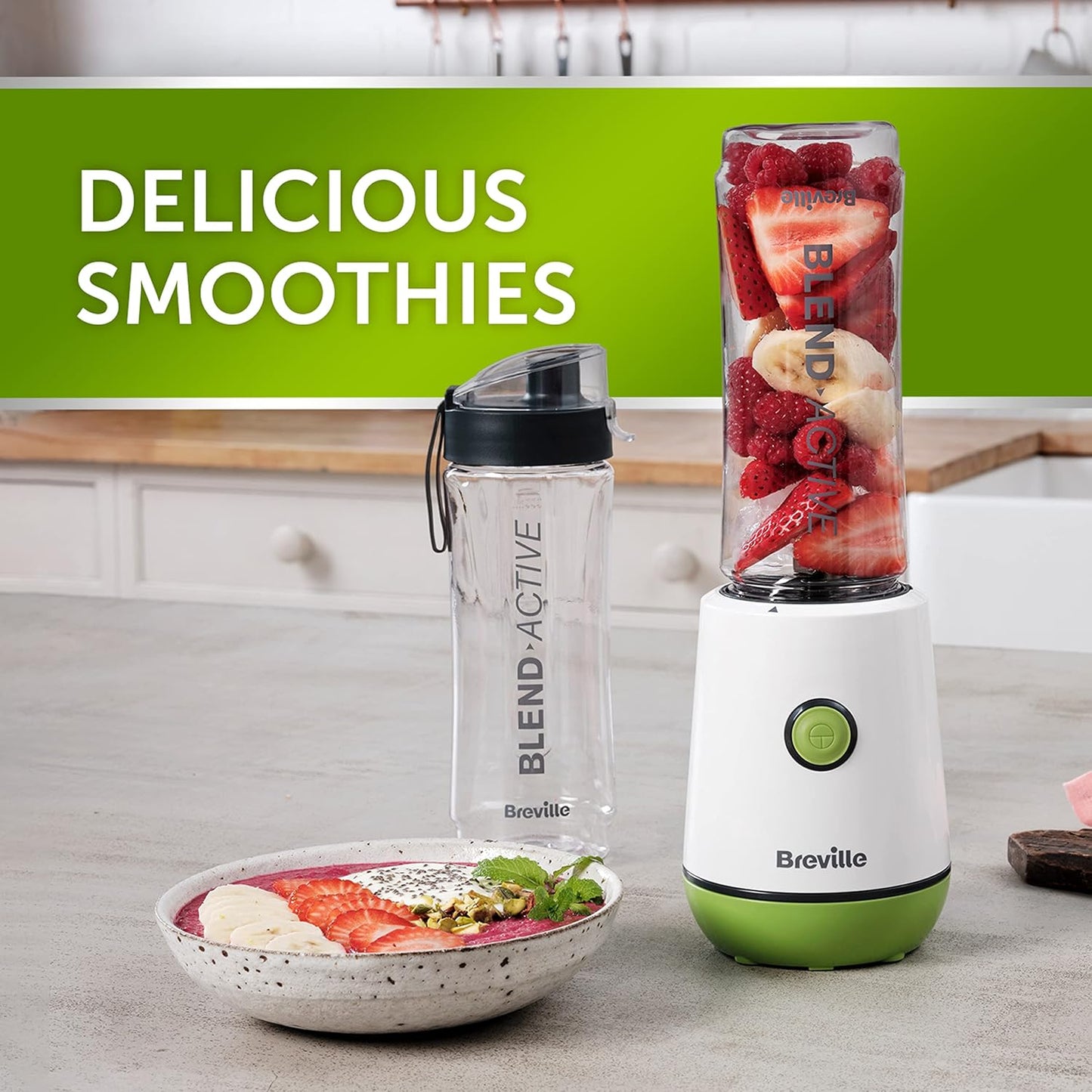 Breville Blend Active Personal Blender & Smoothie Maker | 350W | 2 Portable Blend Active Bottles (600ml) | Leak Proof Lids | White & Green