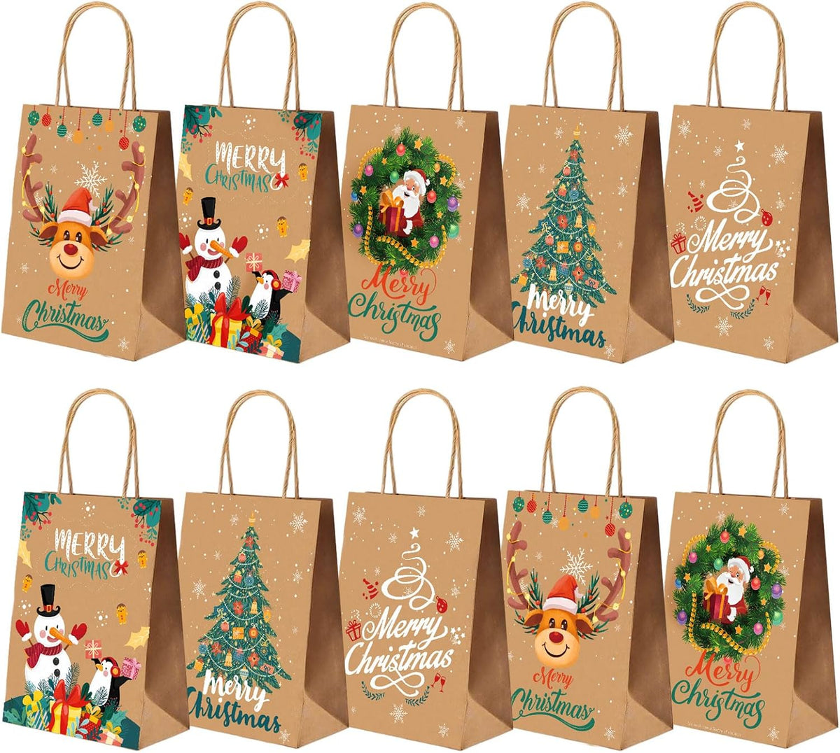 AUXHCYL Christmas Bags Gift Small, 10 Pcs Xmas Bag for Presents, 5 Style Kraft Paper Gift Bags with Handles, Perfect for Christmas Party Favor Supplies(21 x 15 x 8 cm)