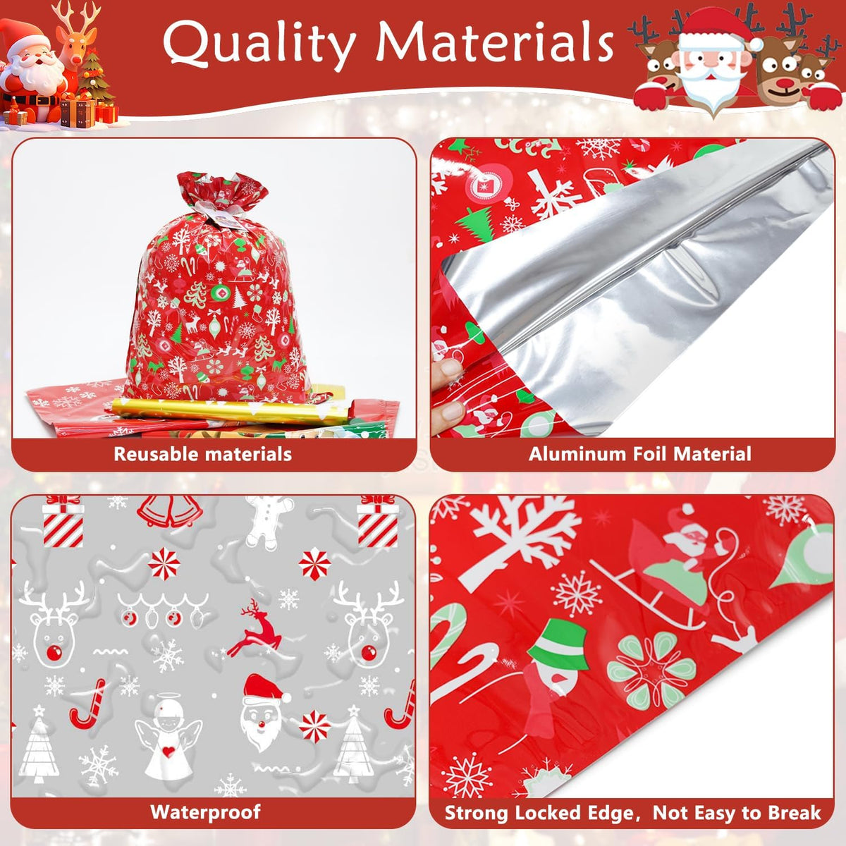 Koncci 30 Pcs Christmas Wrapping Gift Bags, 14 Designs Ribbon Xmas Gift Bags, 4 Sizes Christmas Bags with 30 Pcs Xmas Greeting Cards for Presents, Party, Holiday, Birthday