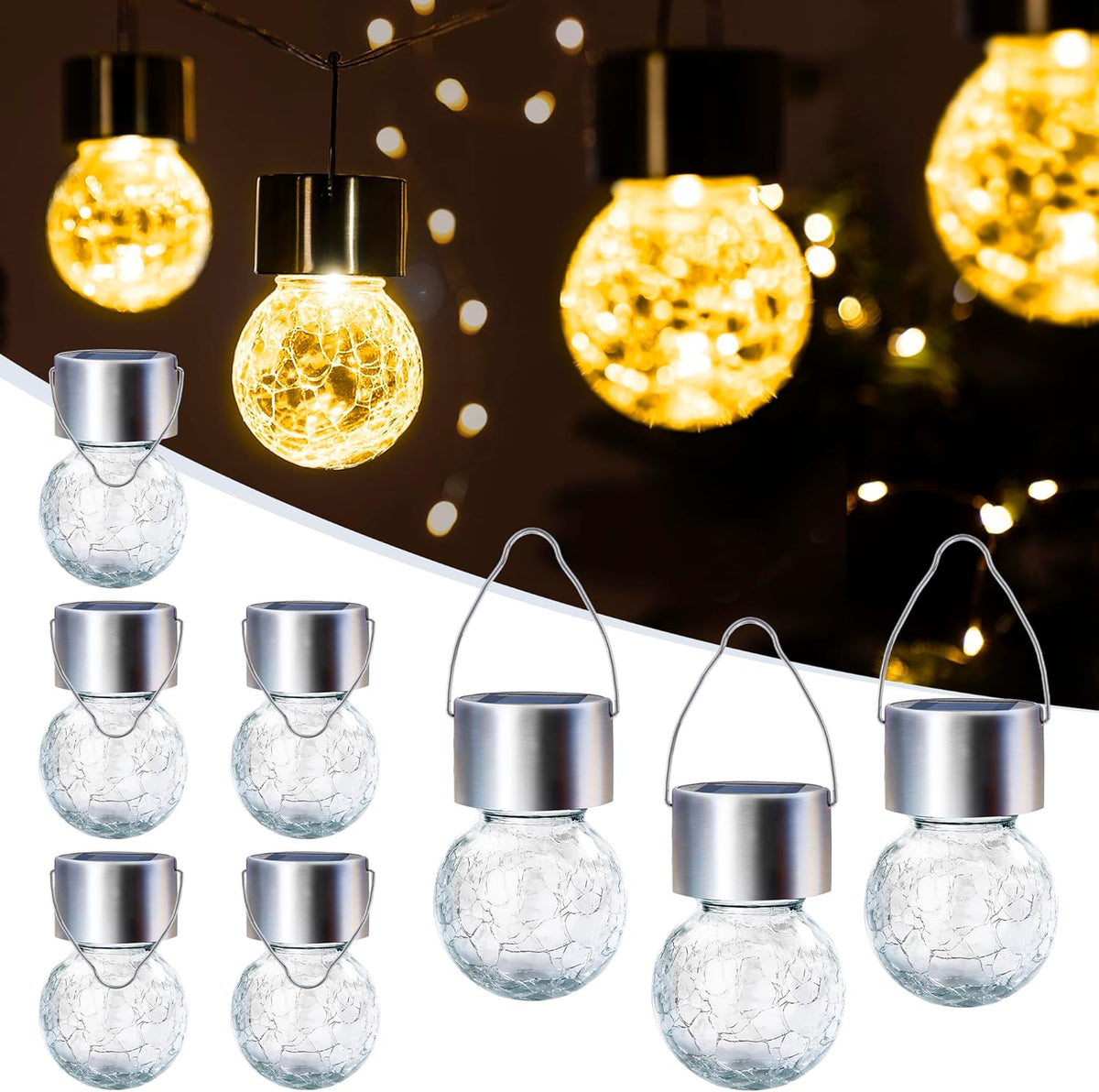 GIGALUMI 8 Pack Solar Outdoor Lights - Hanging Lights for Christmas Decoration - Cracked Glass, Waterproof for Garden, Yard, Fence, Tree (Warm White)