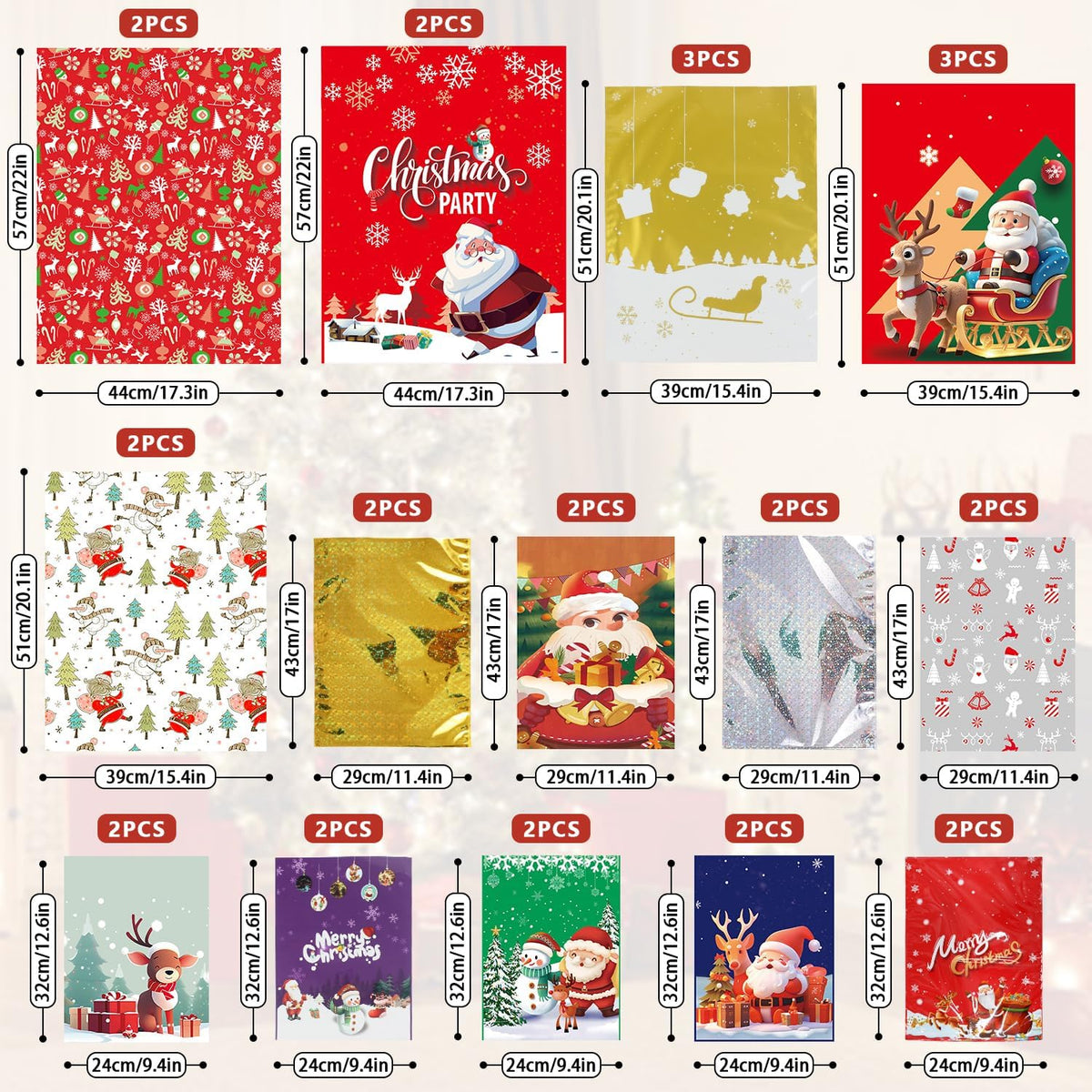 Koncci 30 Pcs Christmas Wrapping Gift Bags, 14 Designs Ribbon Xmas Gift Bags, 4 Sizes Christmas Bags with 30 Pcs Xmas Greeting Cards for Presents, Party, Holiday, Birthday