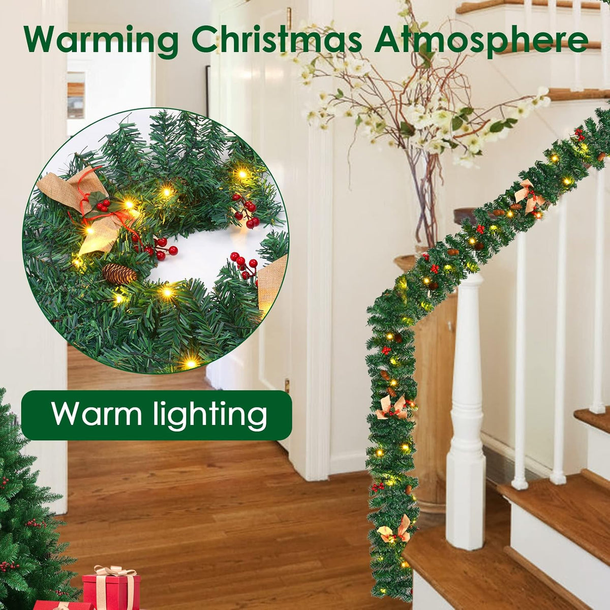 1.8M/6FT Christmas Garland with Lights, Christmas Garlands for Fireplace Stairs Artificial Wreath with 50 LED Lights and Bow Pine Cones Berries for Xmas Tree Front Door Home Holiday Decor