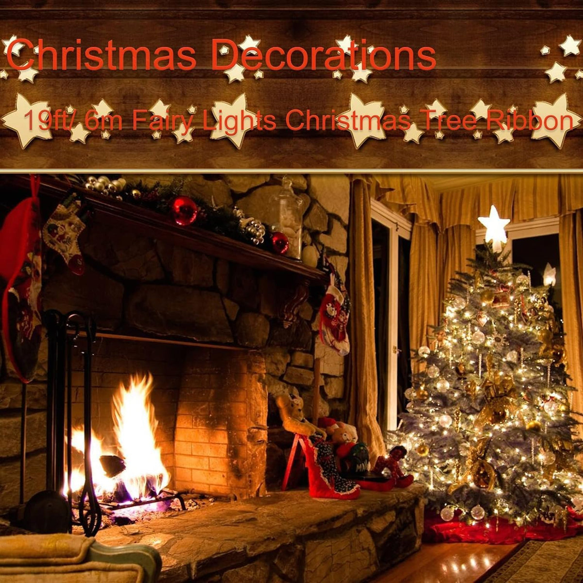 Christmas Tree Lights, 19ft/6m 60 LED Christmas Tree Ribbon Waterproof Fairy Lights Christmas Decorations Curtain Lights Hanging Fairy Lights for Bedroom Wall Garden Patio Christmas Tree Decorations