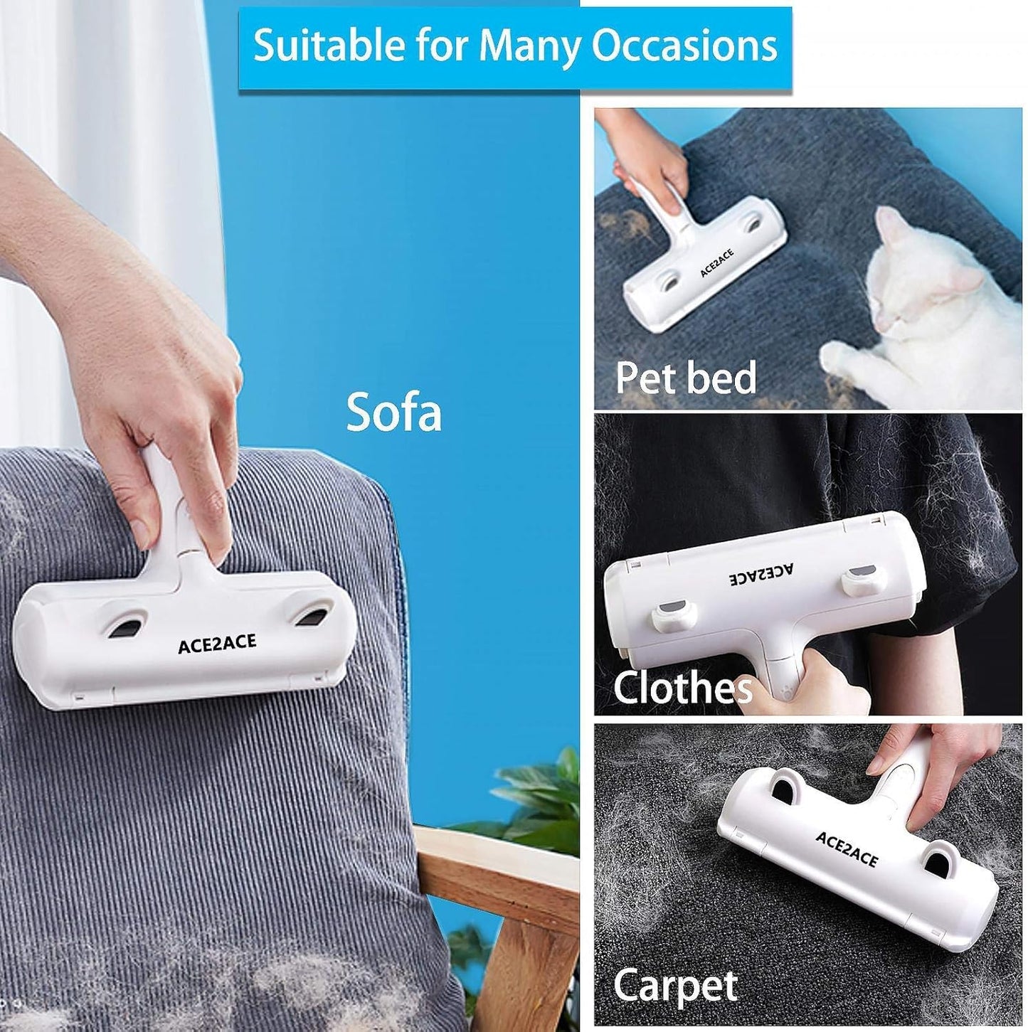 ACE2ACE Pet Hair Remover Roller, Reusable Animal Hair Removal Brush for Dogs and Cats, Easy to Clean Fixed Areas Pet Fur from Carpet, Furniture, Rugs, Stairs, Bedding and Sofa