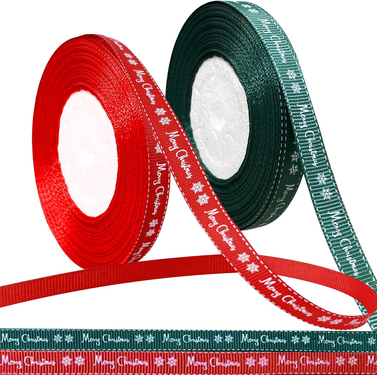 CNMTCCO 2 Rolls 43 Yard Merry Christmas Ribbons Grosgrain Wrapping Rope with Snowflake Pattern for Christmas Favor Party DIY Crafts Package Decor (White Font)