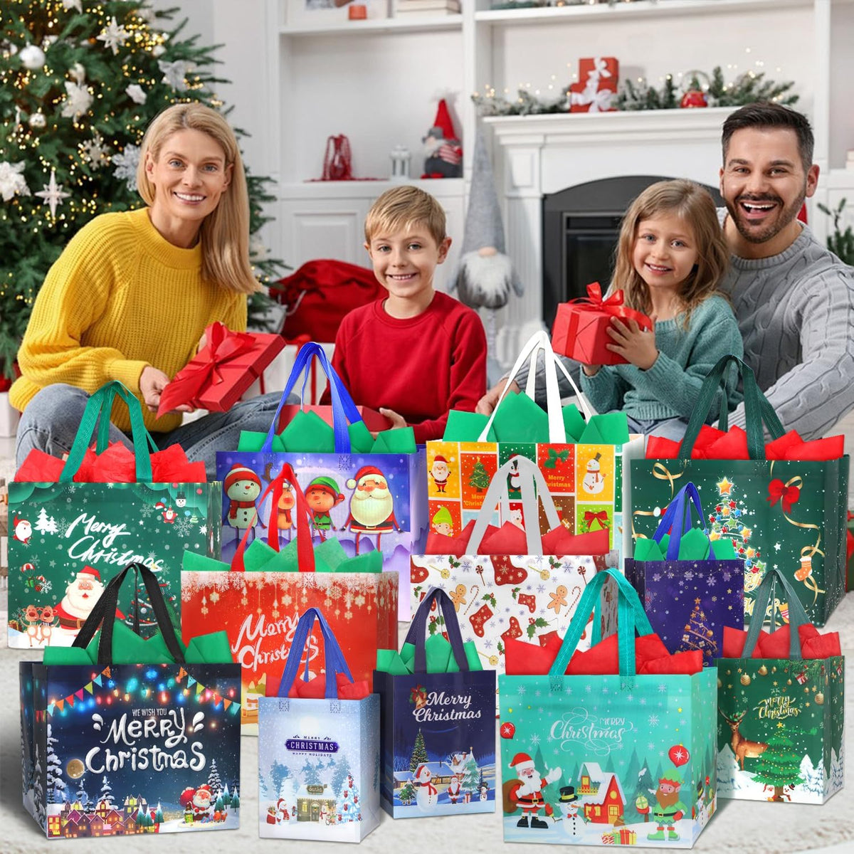 14 Pack Christmas Bags for Gift Assorted Sizes with Tissue Paper, Non-woven 8 Large & 6 Medium Reusable Xmas Party Tote Bag With Handle For Friends Family Kids Present Wrapping,Waterproof
