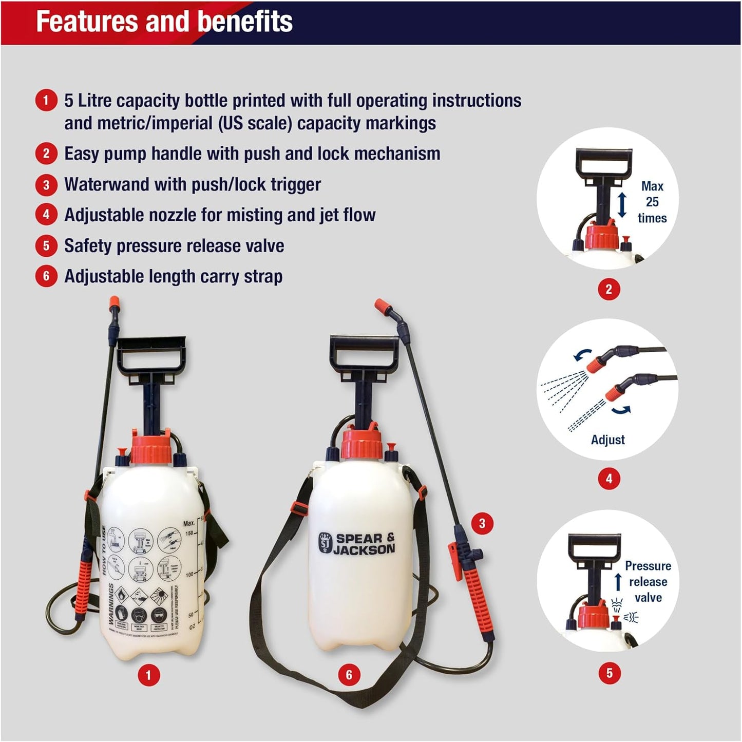 Spear & Jackson 5LPAPS 5 Litre Pump Action Pressure Sprayer