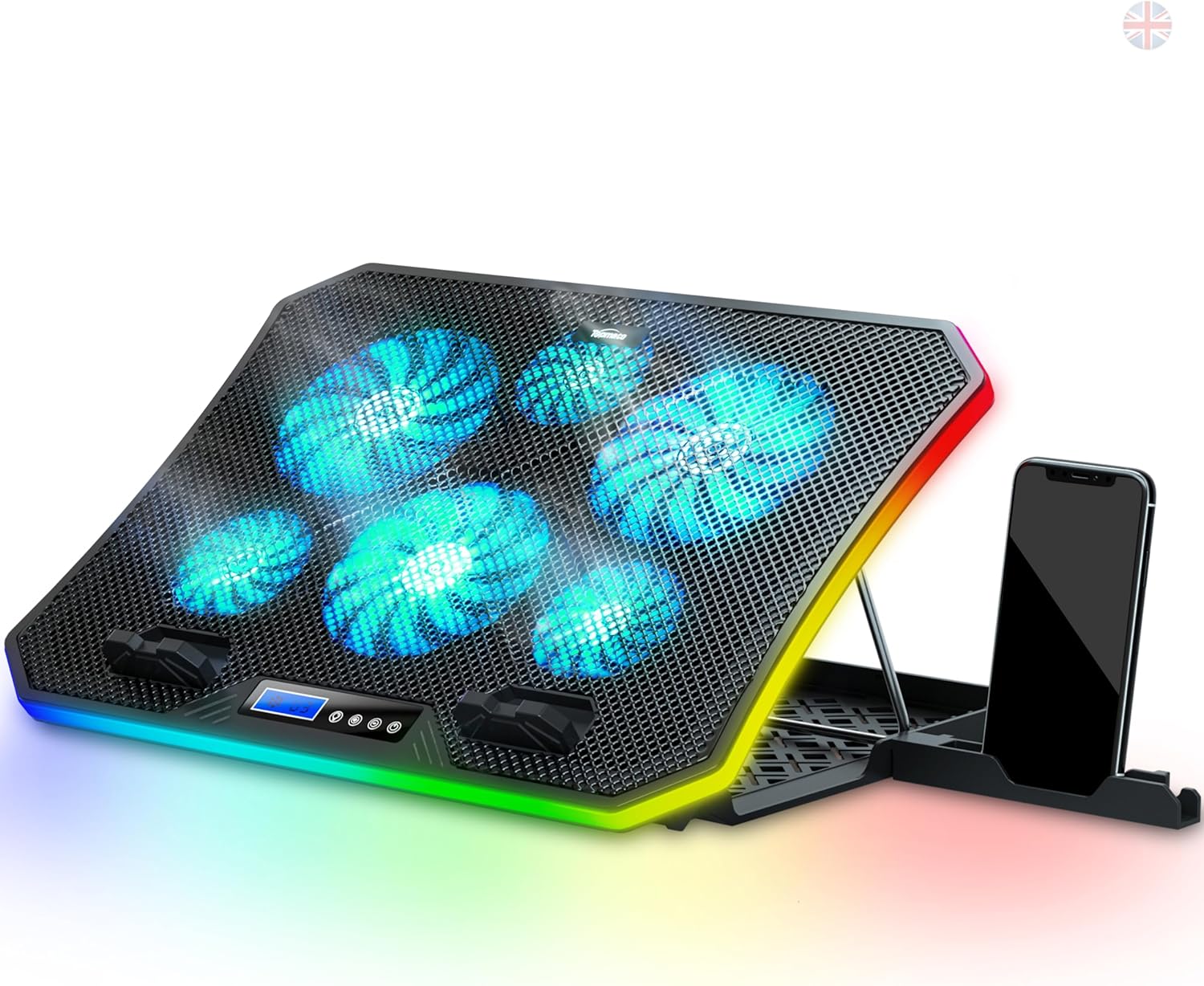 TopMate C12 Laptop Cooling Pad RGB Gaming Notebook Cooler for Desk and Lap Use, Laptop Fan Stand 8 Adjustable Heights with 6 Quiet Fans and Phone Holder, for 15.6-17.3 Inch Laptops -Ice Blue LED Light