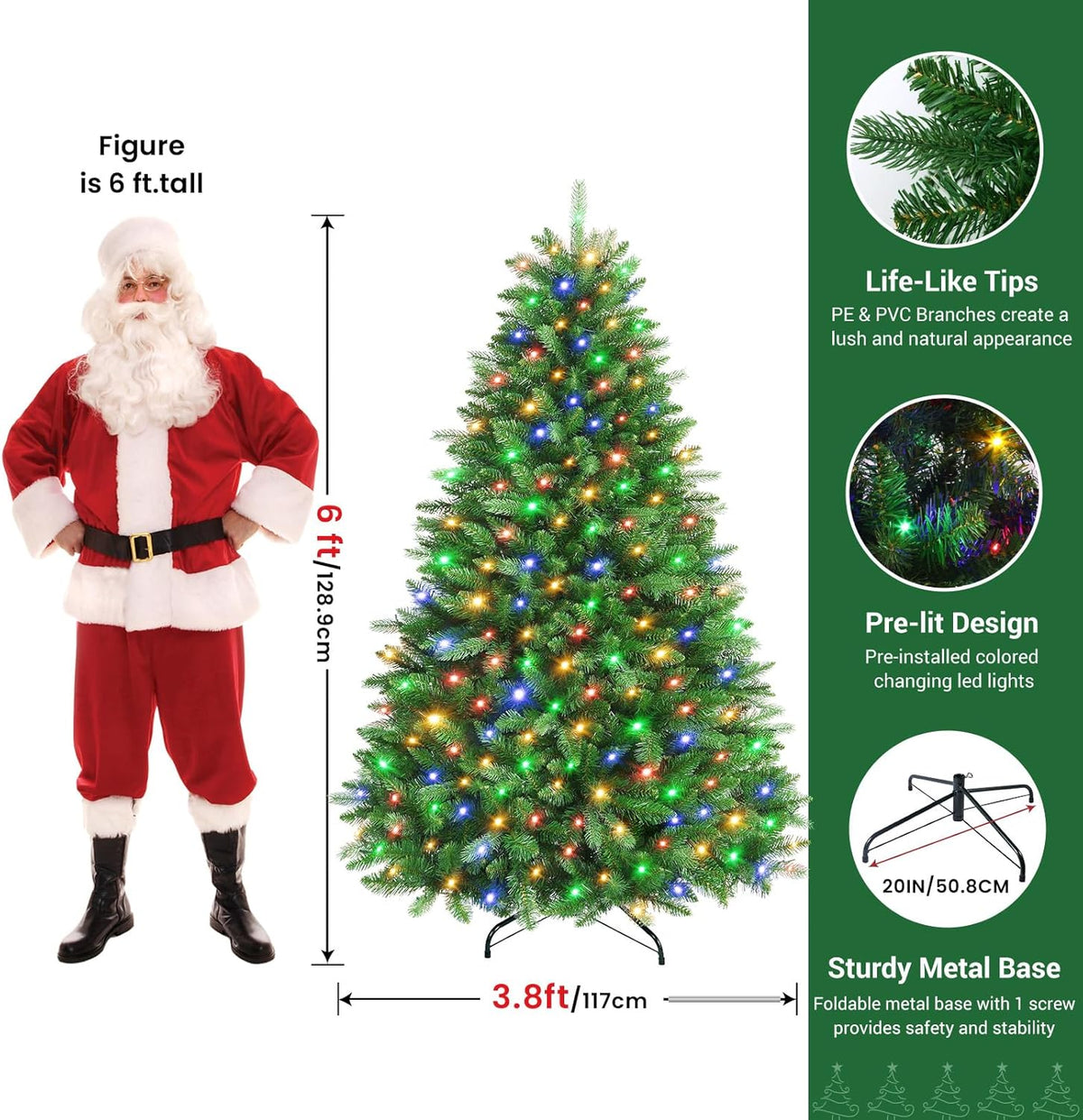 SHareconn 6FT Pre Lit Artificial Christmas Tree with 350 Warm White & Multicolor LED Lights, 12 Light Modes, Xmas Tree with 1322 PVC & PE Branch Tips, with Metal Stand, Easy Assembly and Foldable
