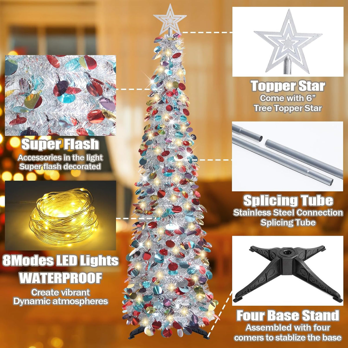 HMASYO 5FT/1.5M Pop Up Christmas Tree with Timer Lights, Silver Tinsel Christmas Tree, Collapsible Artificial Pencil Tree Xmas Decoration for Indoor Home Apartment Porch Party, Easy Assembly
