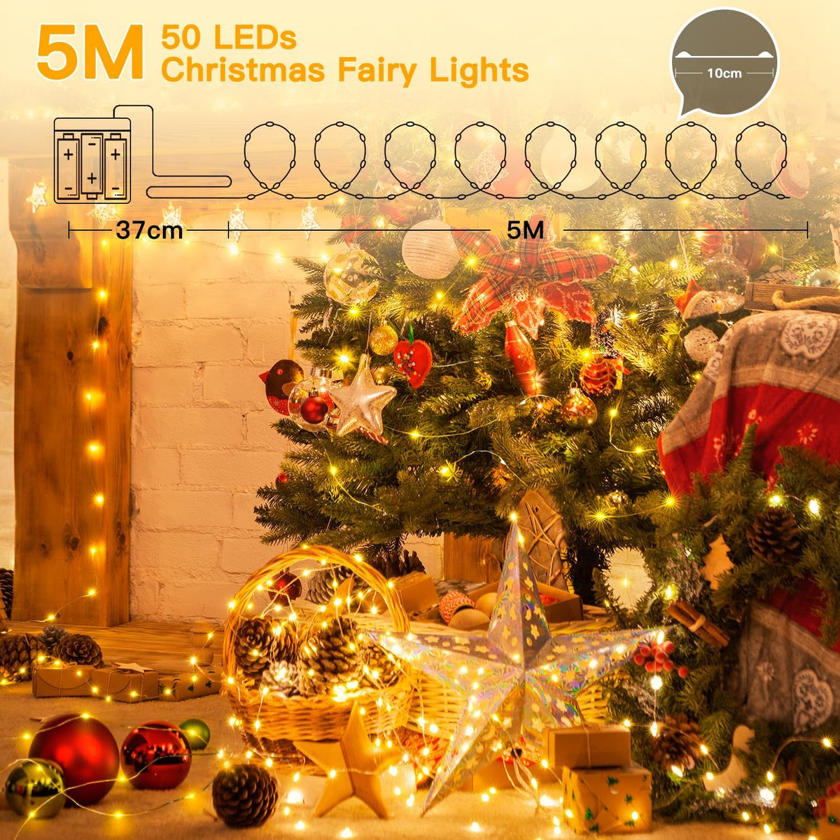 Ollny 5m 50 LED Fairy Lights Battery Operated, Bright Waterproof Copper Wire String Light for Indoor Outdoor Lighting, Christmas Tree Bedroom Outside Party Bottle Wedding Decorations (Warm White)
