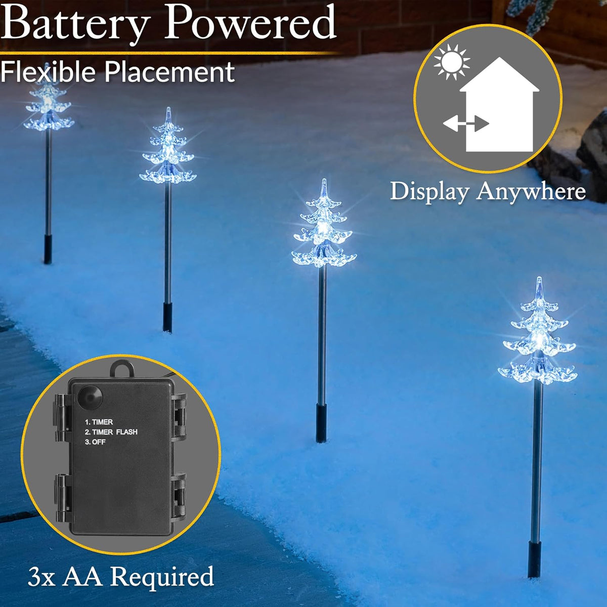 CHRISTOW Christmas Tree Path Lights, White LED Outdoor Pathway Stake Decorations, Battery Operated with Timer (Set Of 4)
