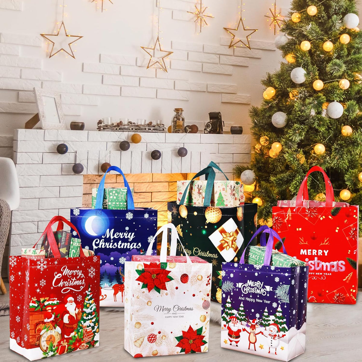 Large Christmas Tote Bags with Handle, 6 Pack Reusable Xmas Grocery Carrier Gift Bags,Waterproof Shopping for Christmas Presents Party Holiday Decoration Lovely Design