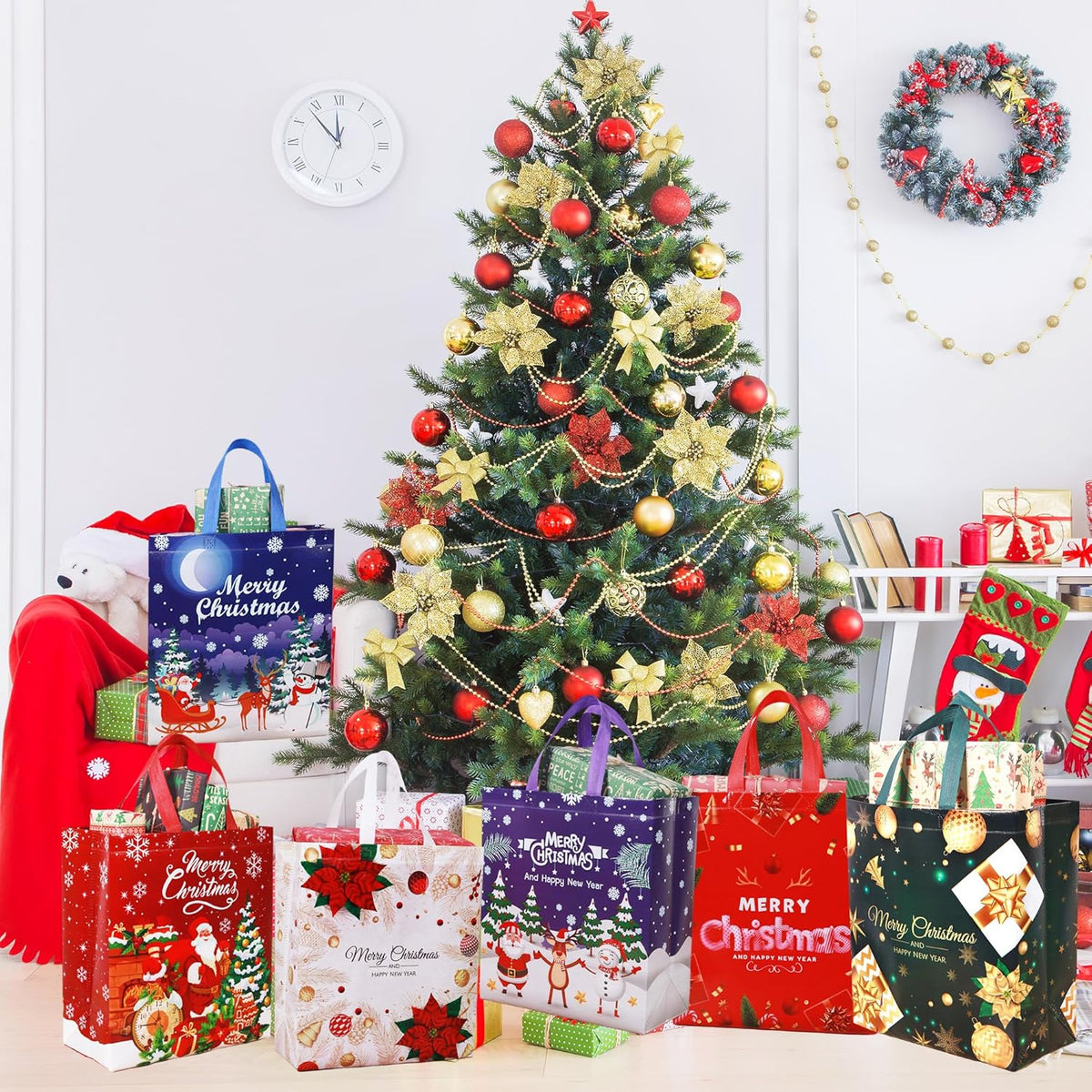 Large Christmas Tote Bags with Handle, 6 Pack Reusable Xmas Grocery Carrier Gift Bags,Waterproof Shopping for Christmas Presents Party Holiday Decoration Lovely Design