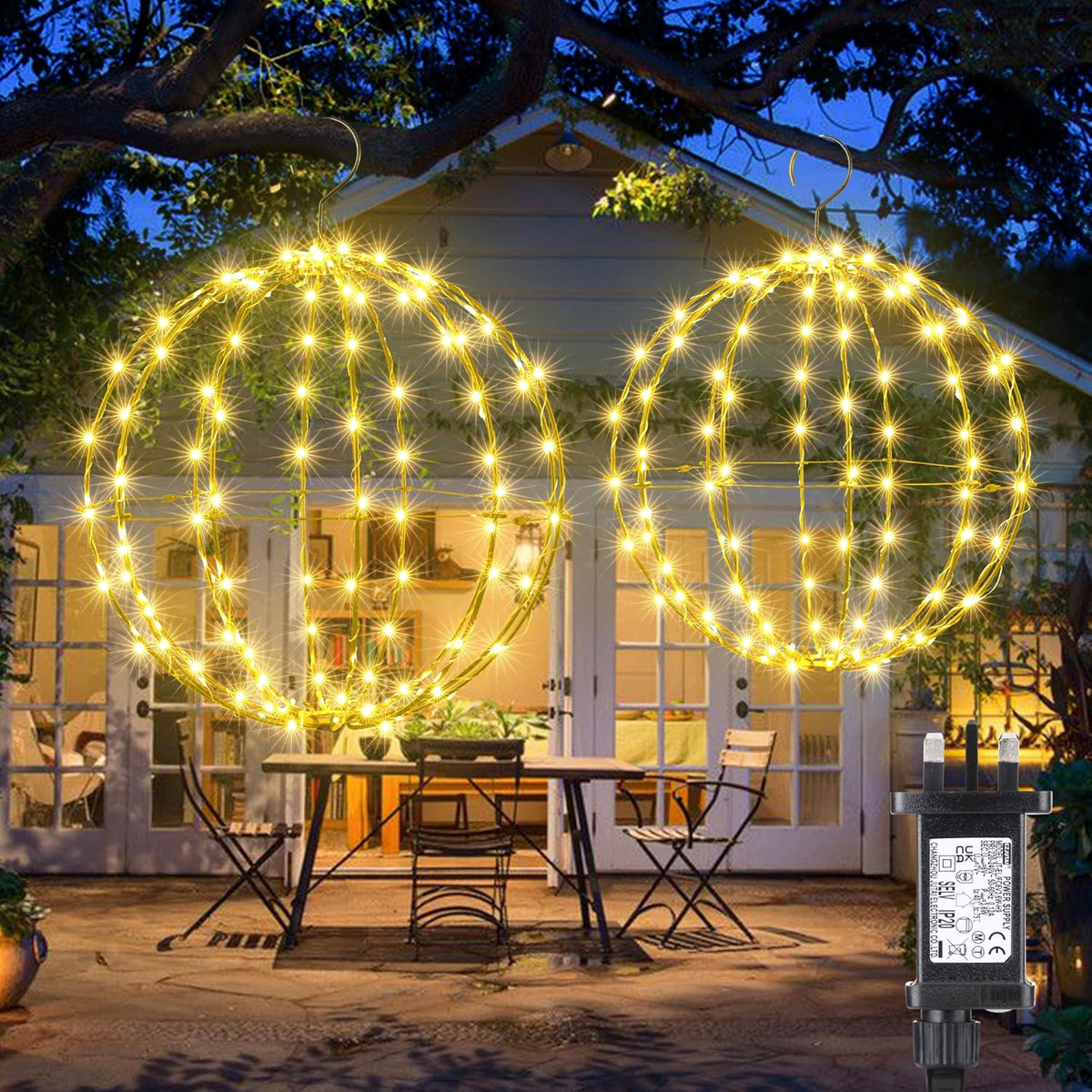 iBaycon Outdoor Christmas Lights Mains Powered,Hanging Ball Lights Warm White with Flash Beads,Foldable Sphere Timer Waterproof Decorations LED Fairy Lights,Garden Party House(33cm+28cm,2 Pack)