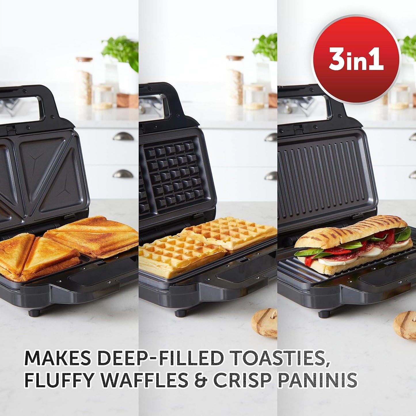 Breville 3-in-1 Ultimate Snack Maker | Deep Fill Toastie Maker, Waffle Maker & Panini Press | Removable Non-Stick Plates | Black & Stainless Steel | UK Plug