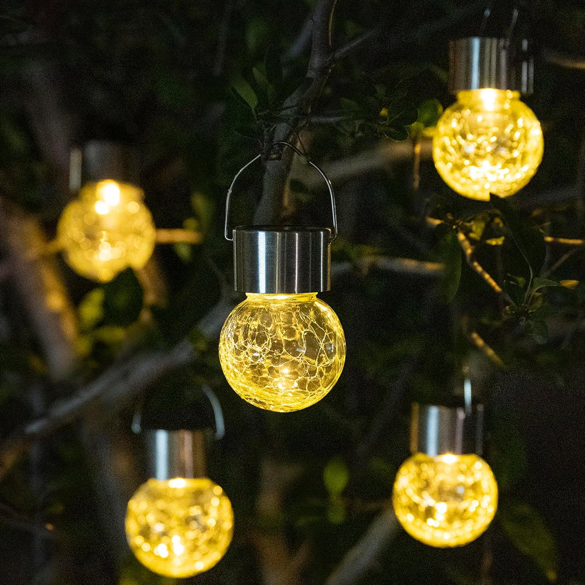 GIGALUMI 8 Pack Solar Outdoor Lights - Hanging Lights for Christmas Decoration - Cracked Glass, Waterproof for Garden, Yard, Fence, Tree (Warm White)