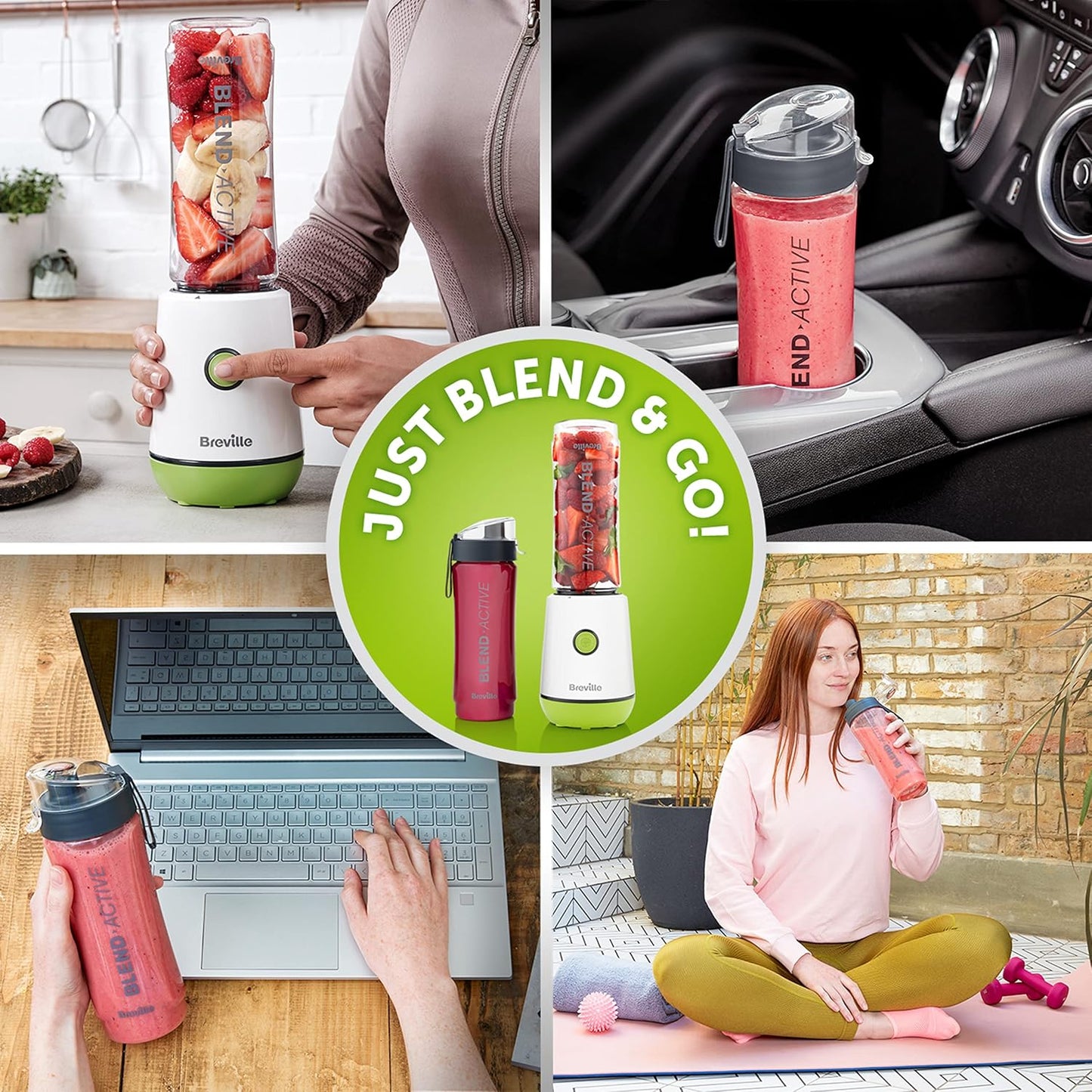 Breville Blend Active Personal Blender & Smoothie Maker | 350W | 2 Portable Blend Active Bottles (600ml) | Leak Proof Lids | White & Green