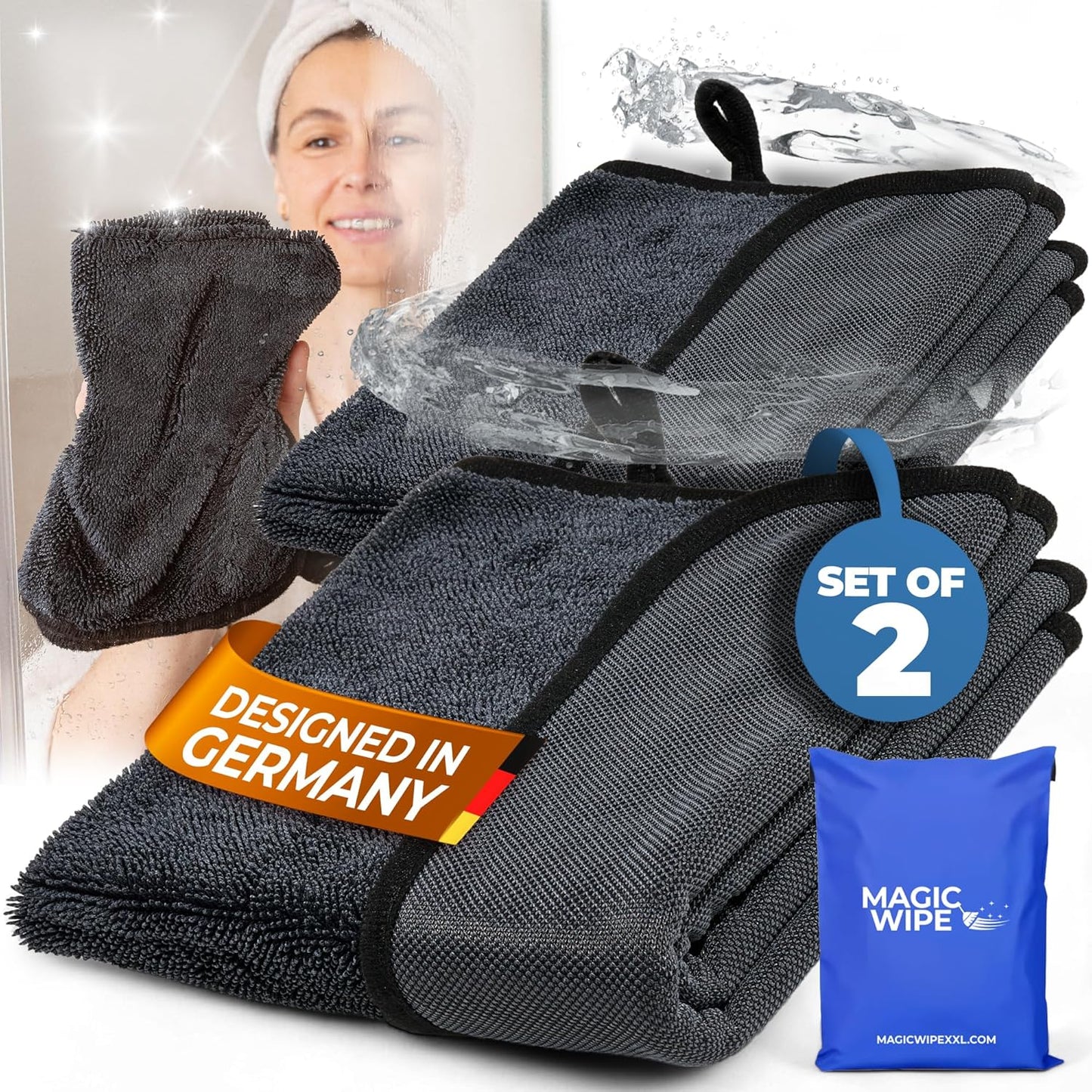 MAGIC WIPE® Bathroom Drying Cloth XXL - 2 Pack 40 x 60 cm Original All Purpose Microfibre Cleaning Cloth - Streak & Lint Free Cloth, Premium Quality Drying Towel for Bathrooms, Kitchen, Mirrors, Car