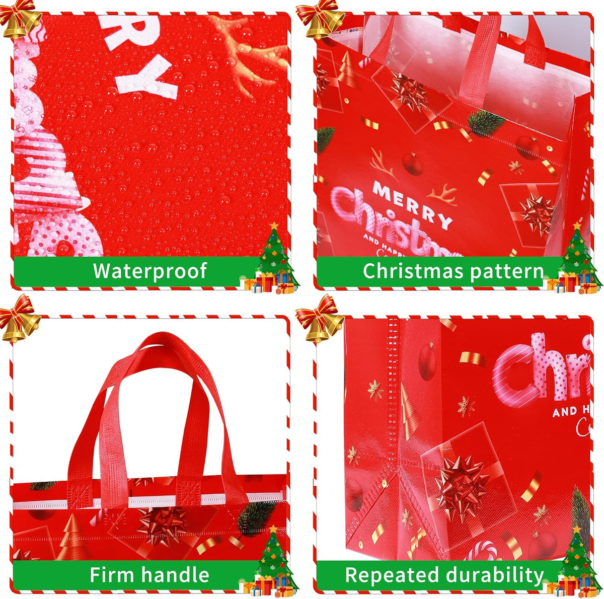 Large Christmas Tote Bags with Handle, 6 Pack Reusable Xmas Grocery Carrier Gift Bags,Waterproof Shopping for Christmas Presents Party Holiday Decoration Lovely Design