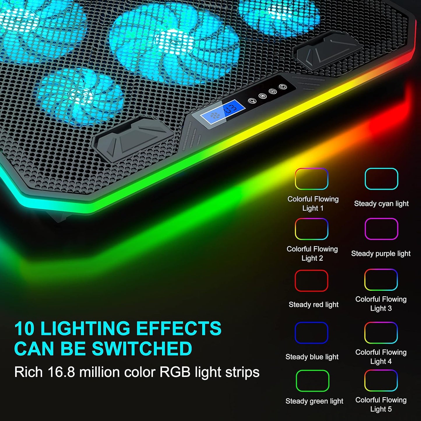 TopMate C12 Laptop Cooling Pad RGB Gaming Notebook Cooler for Desk and Lap Use, Laptop Fan Stand 8 Adjustable Heights with 6 Quiet Fans and Phone Holder, for 15.6-17.3 Inch Laptops -Ice Blue LED Light