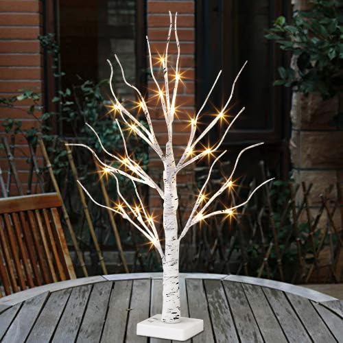 EAMBRITE White Christmas Tree with Lights Mini Birch Twig Tree Ornament with 24 Warm White LEDs Battery Operated Tabletop Decoration for Christmas Home Party Wedding