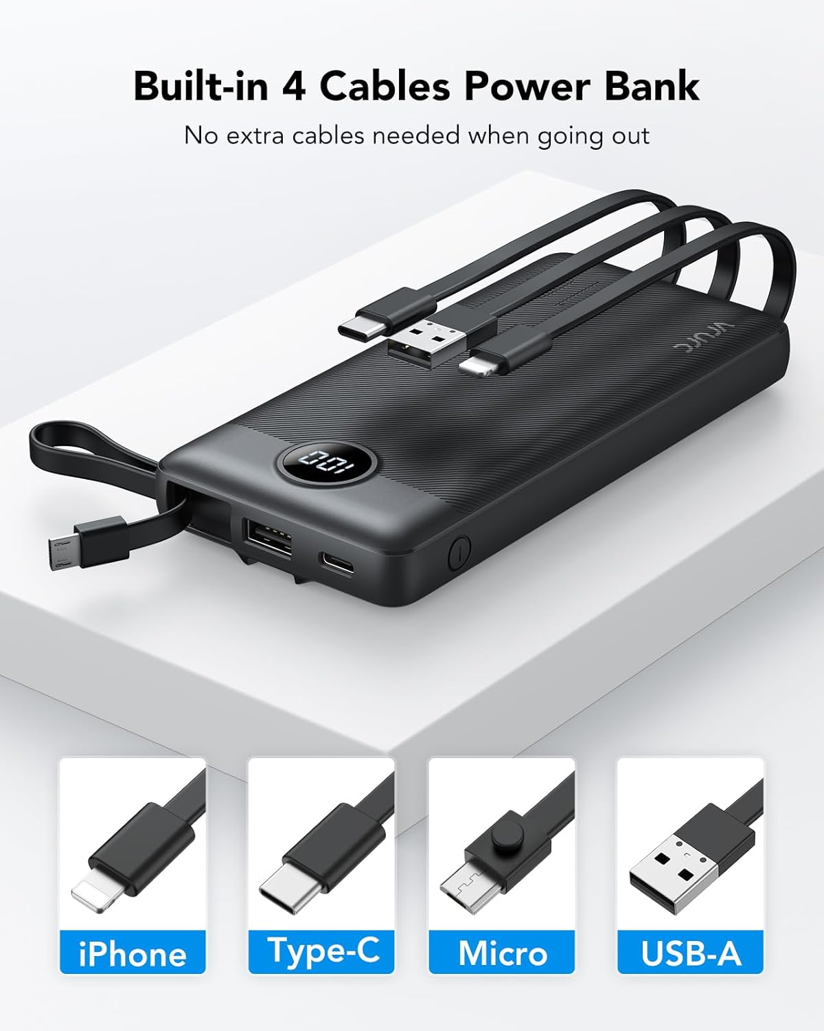 VRURC Portable Power Bank 10,000mAh with Built-In Cables – USB-C Portable Charger with 5 Outputs, 2 Inputs & LED Display – Compatible with iPhone 16/15/14, Samsung S21/S20, Xiaomi