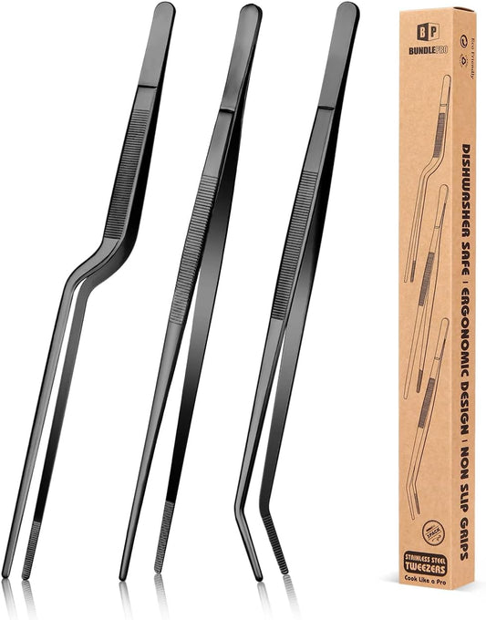 12 inch Fine Cooking Tweezers Set, Professional Stainless Steel Food Tongs, Kitchen Black Long Chef for Cooking, Plating, Decorating and BBQ