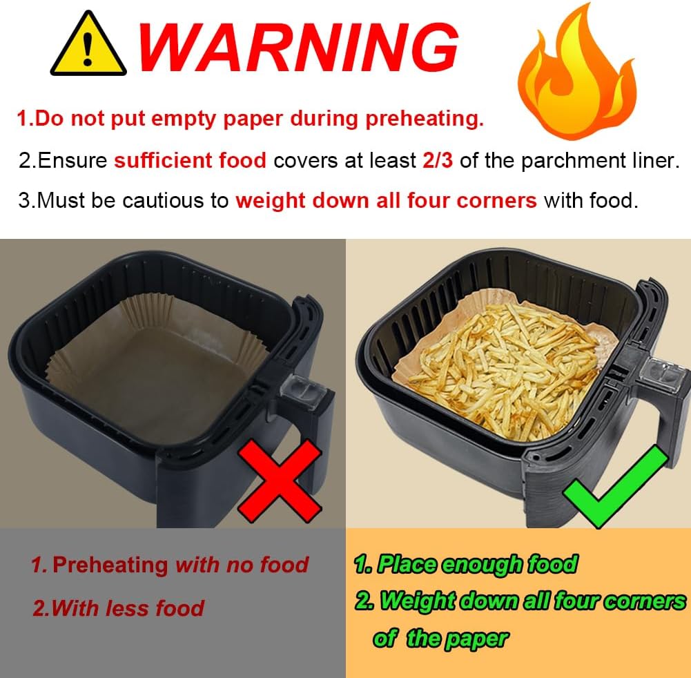 BYKITCHEN Air Fryer Parchment Paper Liner, 50PCS Square Air Fryer Liners Disposable, Greaseproof Paper, Compatible with COSORI, Ninja, Tefal, Russell Hobbs Fryers