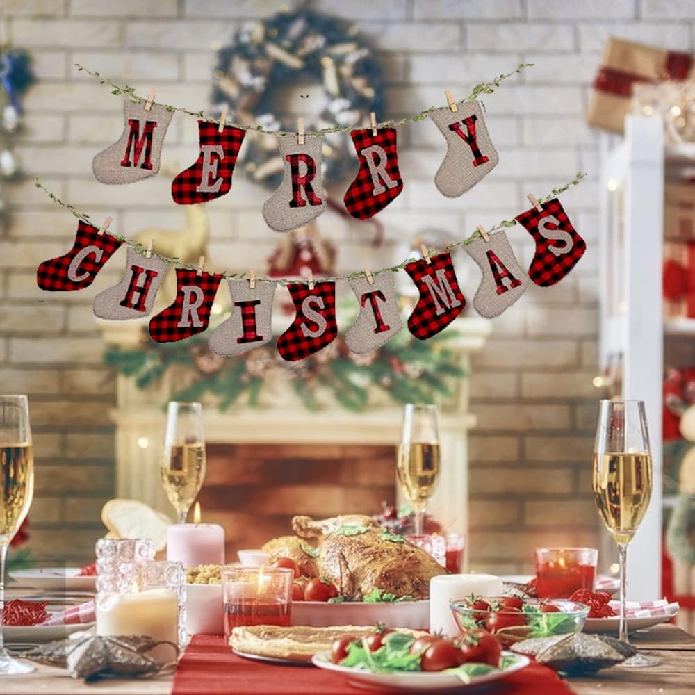 Merry Christmas Banners, Christmas Burlap Banners,Christmas Flags Hanging Decorations, for Christmas Party Decorations Outdoor Indoor