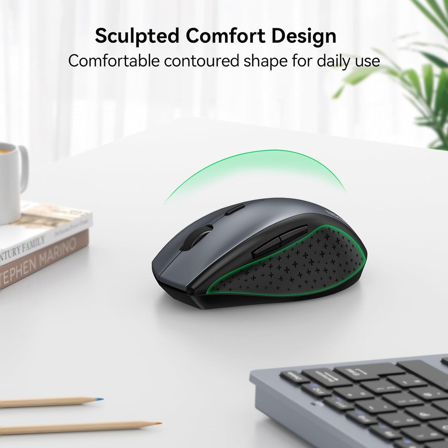 Wireless Mouse – 4800 DPI Optical Mouse with 6 Adjustable Levels, Silent Clicks, 2.4G Cordless USB Receiver for Laptop, PC & Notebook – Grey