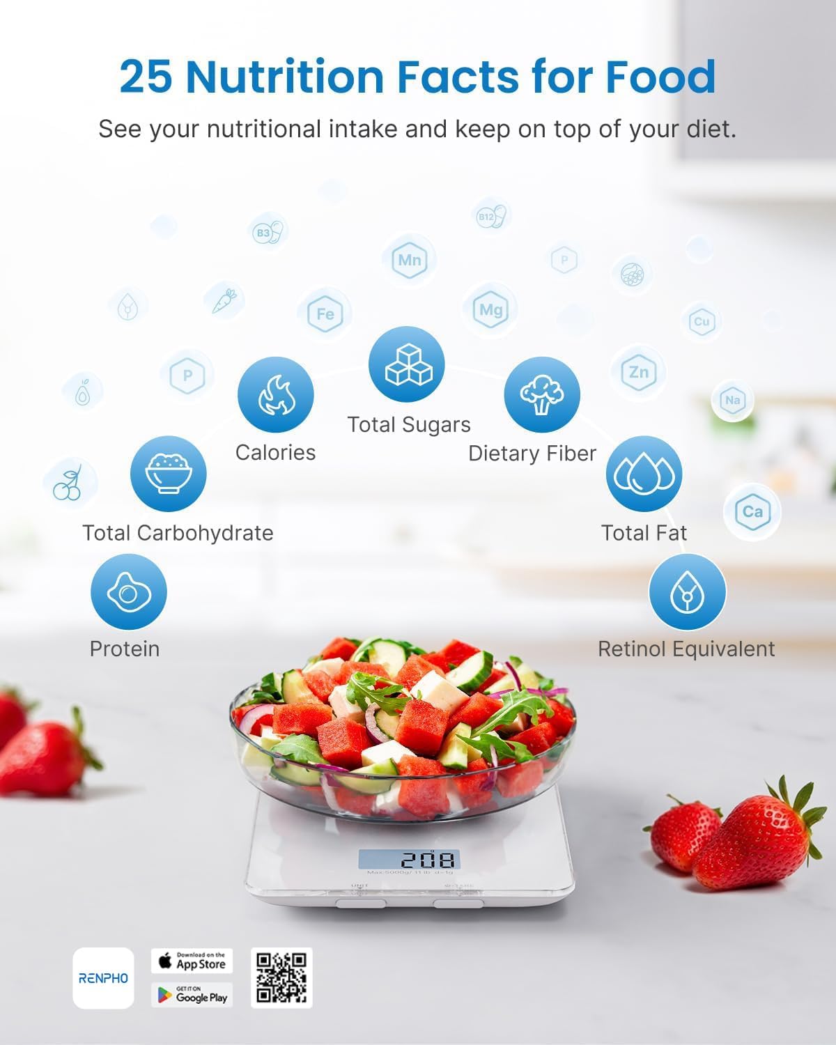 RENPHO Kitchen Scales for Accuracy Measurements, Smart Food Scales with App Food Database Nutritional Calculator, Food Weighing Scales for Baking, Weight Loss, Calorie Counting, 5 Units Conversion
