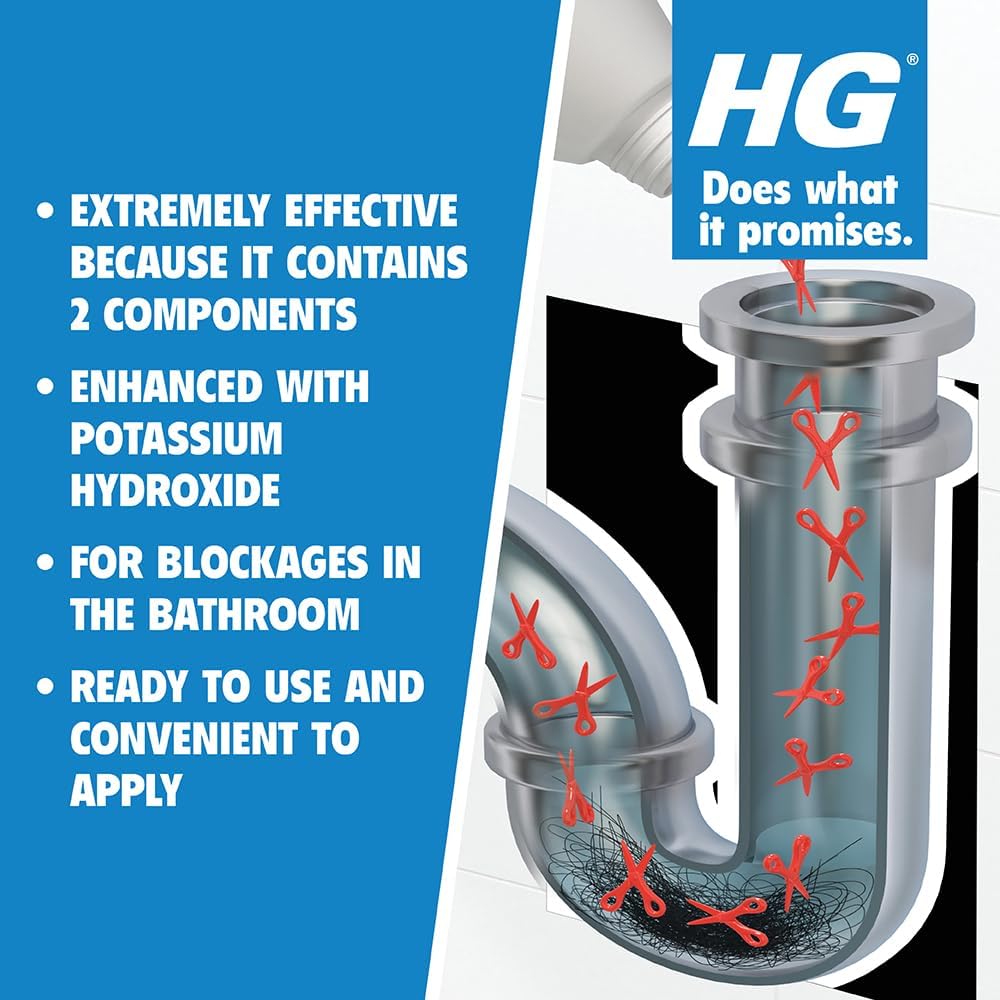 HG Drain and Plug Hair Unblocker, Removes Hair from Shower, Bath, and Sink Plug Holes, Unblocks Pipes & Drains Quickly & Easily - 200 ml + 250 ml