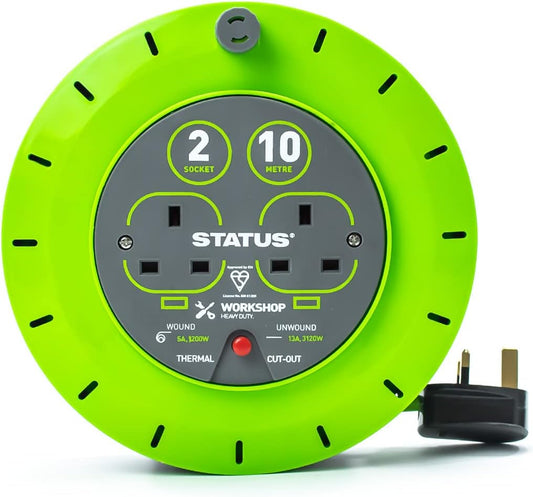 STATUS 2-Socket Cable Reel – 10m Green Outdoor Extension Lead, Heavy-Duty 13A with Thermal Cut-Out Protection – Ideal for Garden, DIY & Workshop Use (S13A10MCR3)