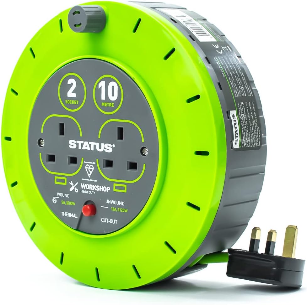 STATUS 2-Socket Cable Reel – 10m Green Outdoor Extension Lead, Heavy-Duty 13A with Thermal Cut-Out Protection – Ideal for Garden, DIY & Workshop Use (S13A10MCR3)