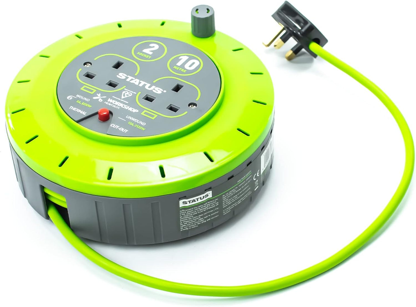 STATUS 2-Socket Cable Reel – 10m Green Outdoor Extension Lead, Heavy-Duty 13A with Thermal Cut-Out Protection – Ideal for Garden, DIY & Workshop Use (S13A10MCR3)