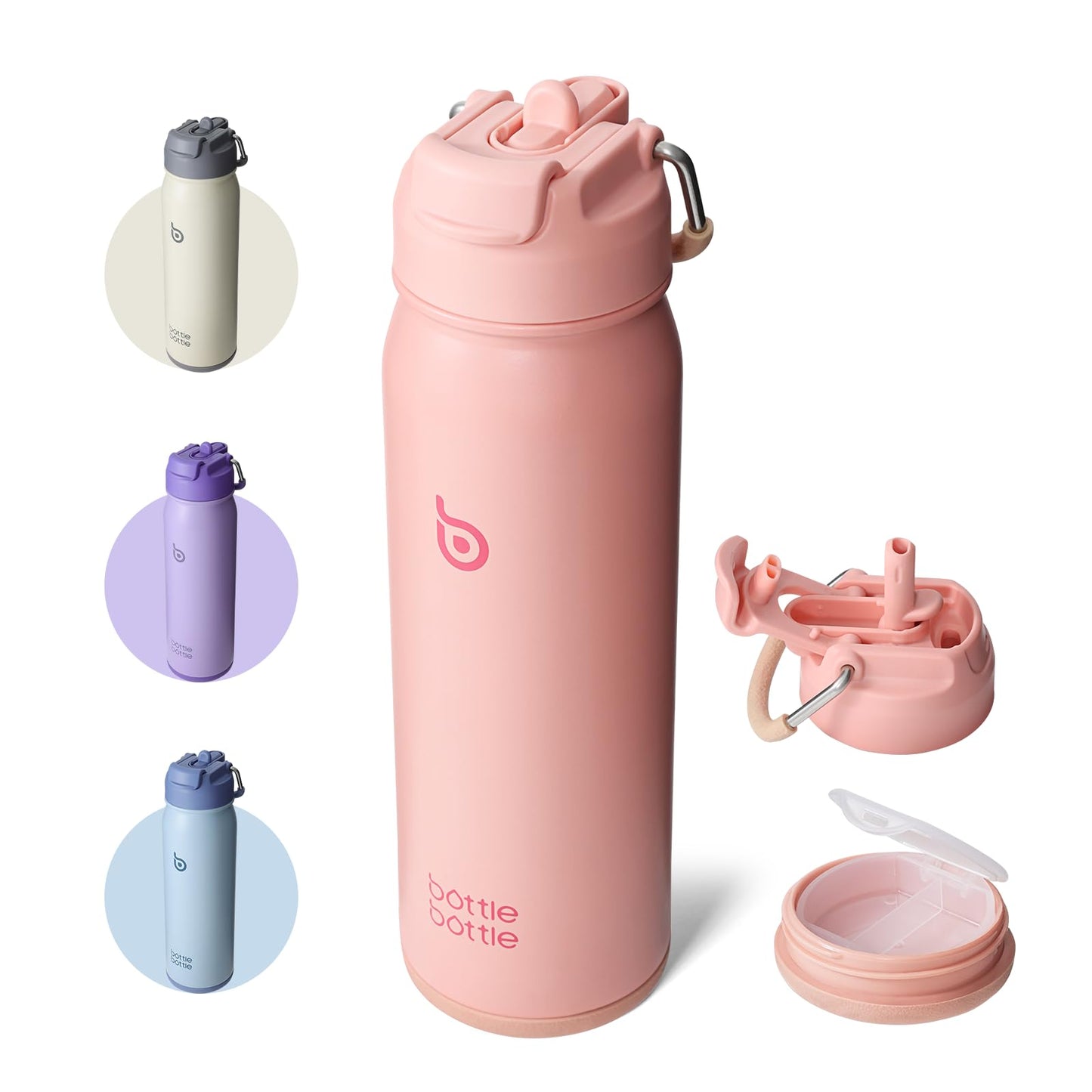 BOTTLE BOTTLE Insulated Water Bottle Stainless Steel 700ml（24oz） Bike Water Bottles with Straw and Adjustable Lid Daily Drink Flask Pill Organizer (salmon)