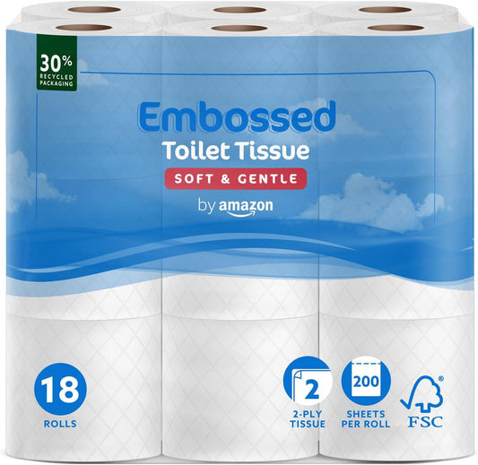 Toilet Roll, 2-Ply Embossed, Soft and Gentle, 18 Rolls (Pack of 1), 200 Sheets per Roll, FSC Certified