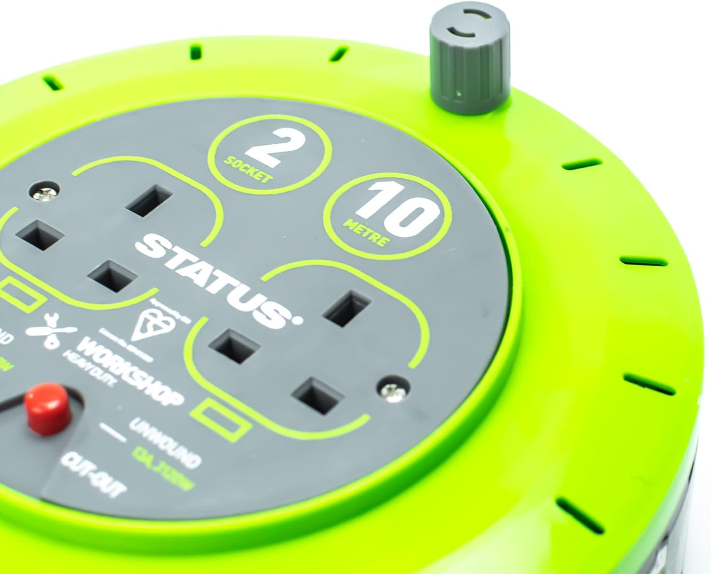 STATUS 2-Socket Cable Reel – 10m Green Outdoor Extension Lead, Heavy-Duty 13A with Thermal Cut-Out Protection – Ideal for Garden, DIY & Workshop Use (S13A10MCR3)