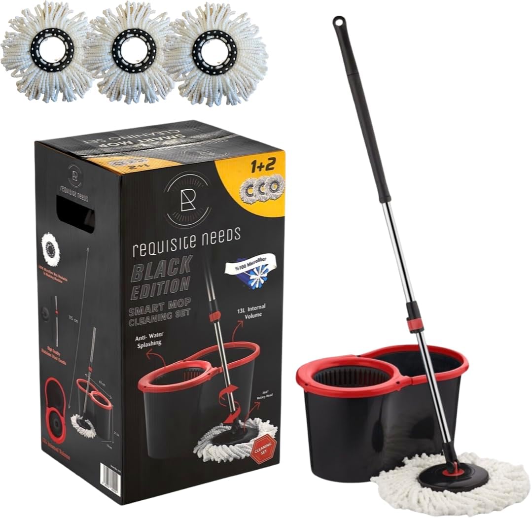 Requisite Needs Smart mop cleaning set – Black edition – Anti-splashing Strong And Sturdy Material – Easy Floor Moping System – 1x Bucket + 3 Replacement Mop Heads – 13 Liter (Mop + Bucket)