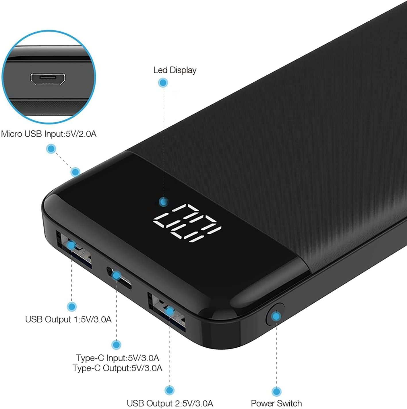 Charmast Ultra Slim Power Bank 10,400mAh – Quick Charge USB-C Portable Charger with LED Display – Compatible with Smartphones, iPhone, Huawei & More