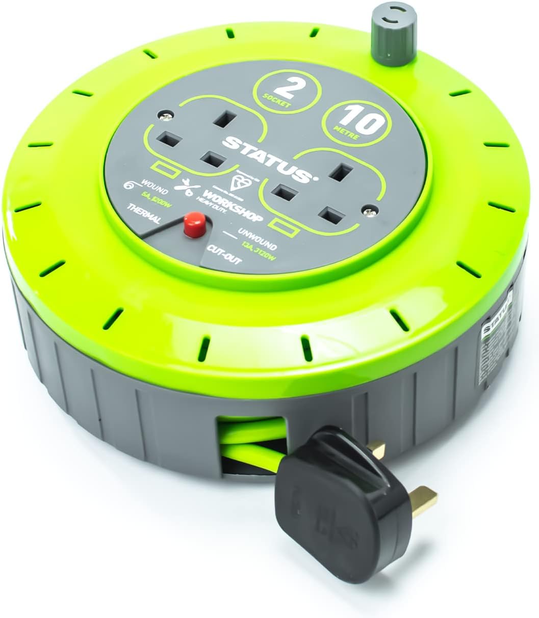 STATUS 2-Socket Cable Reel – 10m Green Outdoor Extension Lead, Heavy-Duty 13A with Thermal Cut-Out Protection – Ideal for Garden, DIY & Workshop Use (S13A10MCR3)